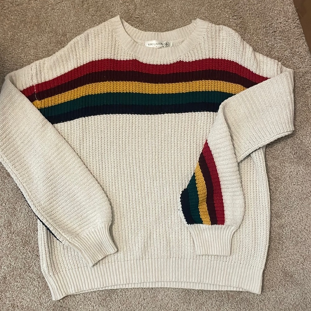 Xhilaration Women's Striped Sweater - Cream with Multicolor Stripes